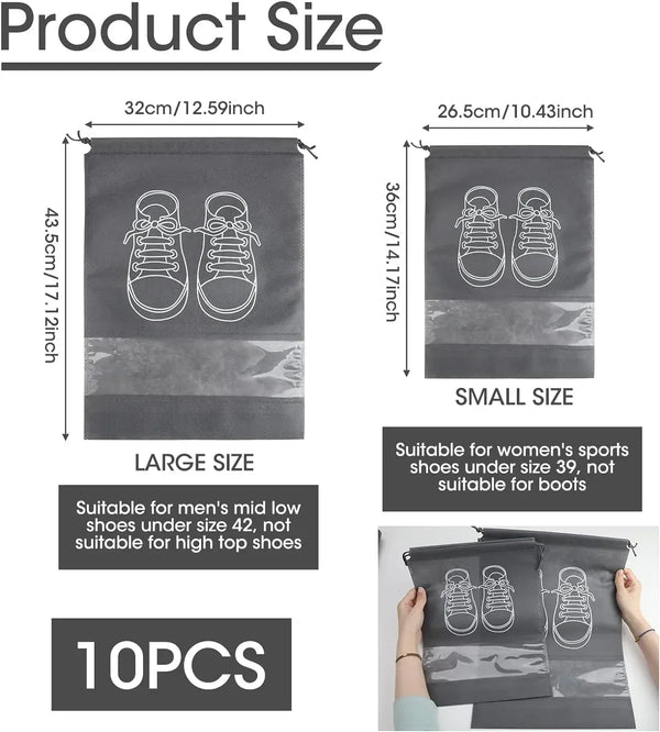 A set of ten reusable non-woven shoe storage bags in gray, showing different sizes and dimensions.