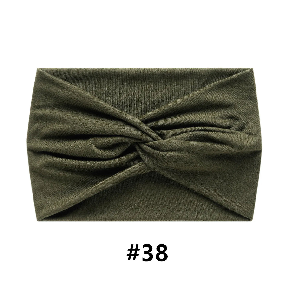 A dark olive green fabric headband tied in a knot, shown flat.