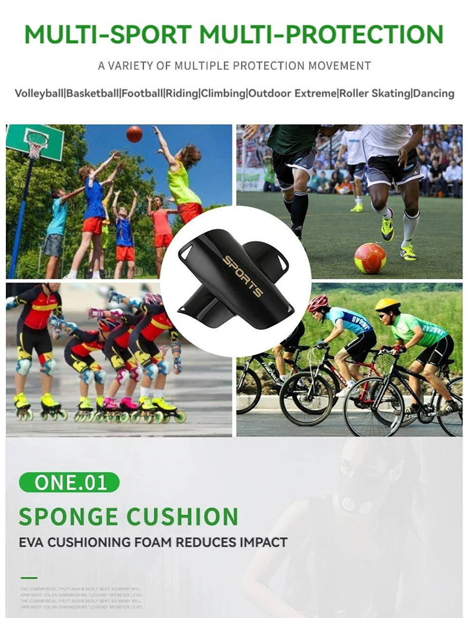 Black sports pads and soccer shin guards shown in various sports contexts.
