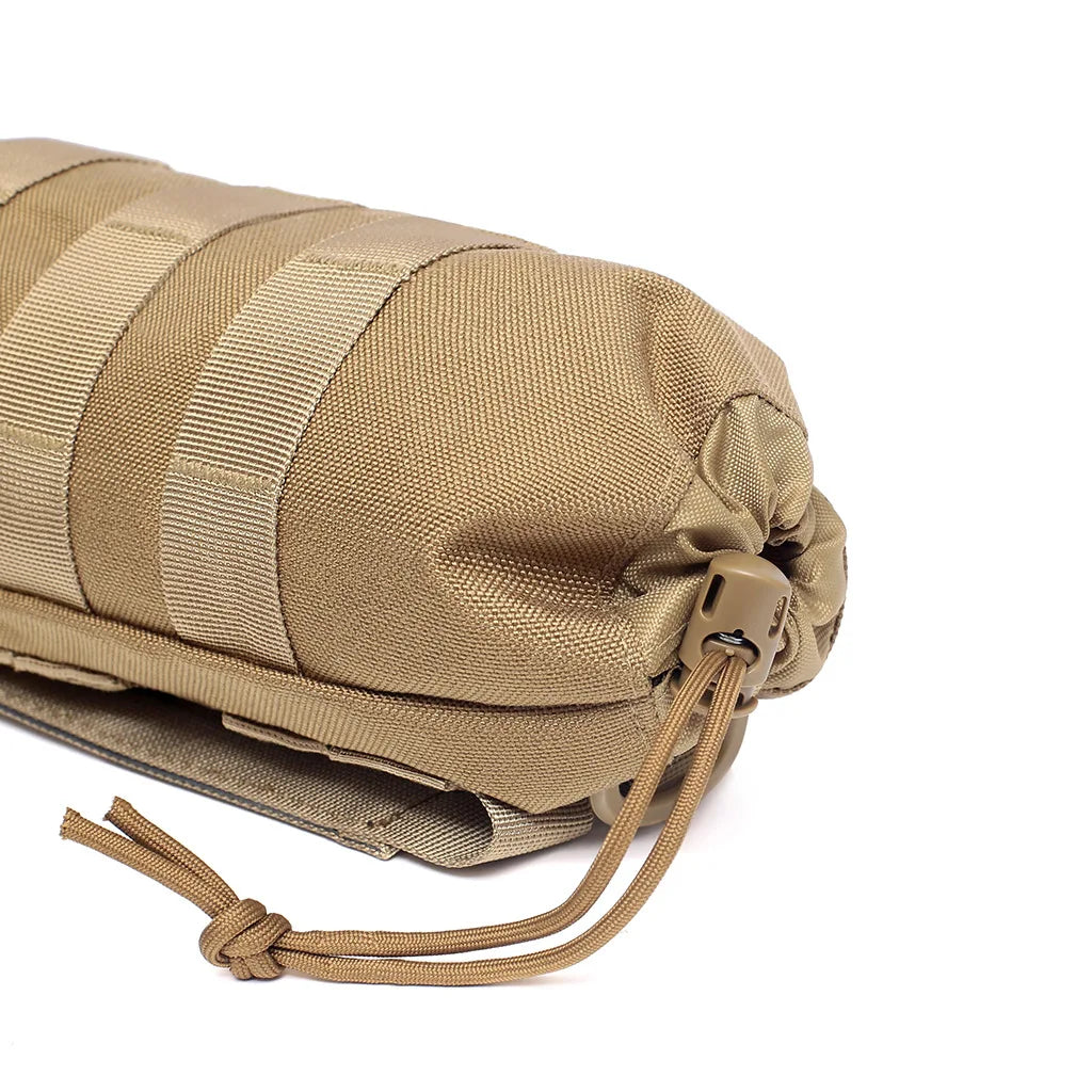 Olive green tactical MOLLE water bottle pouch with adjustable drawstring closure