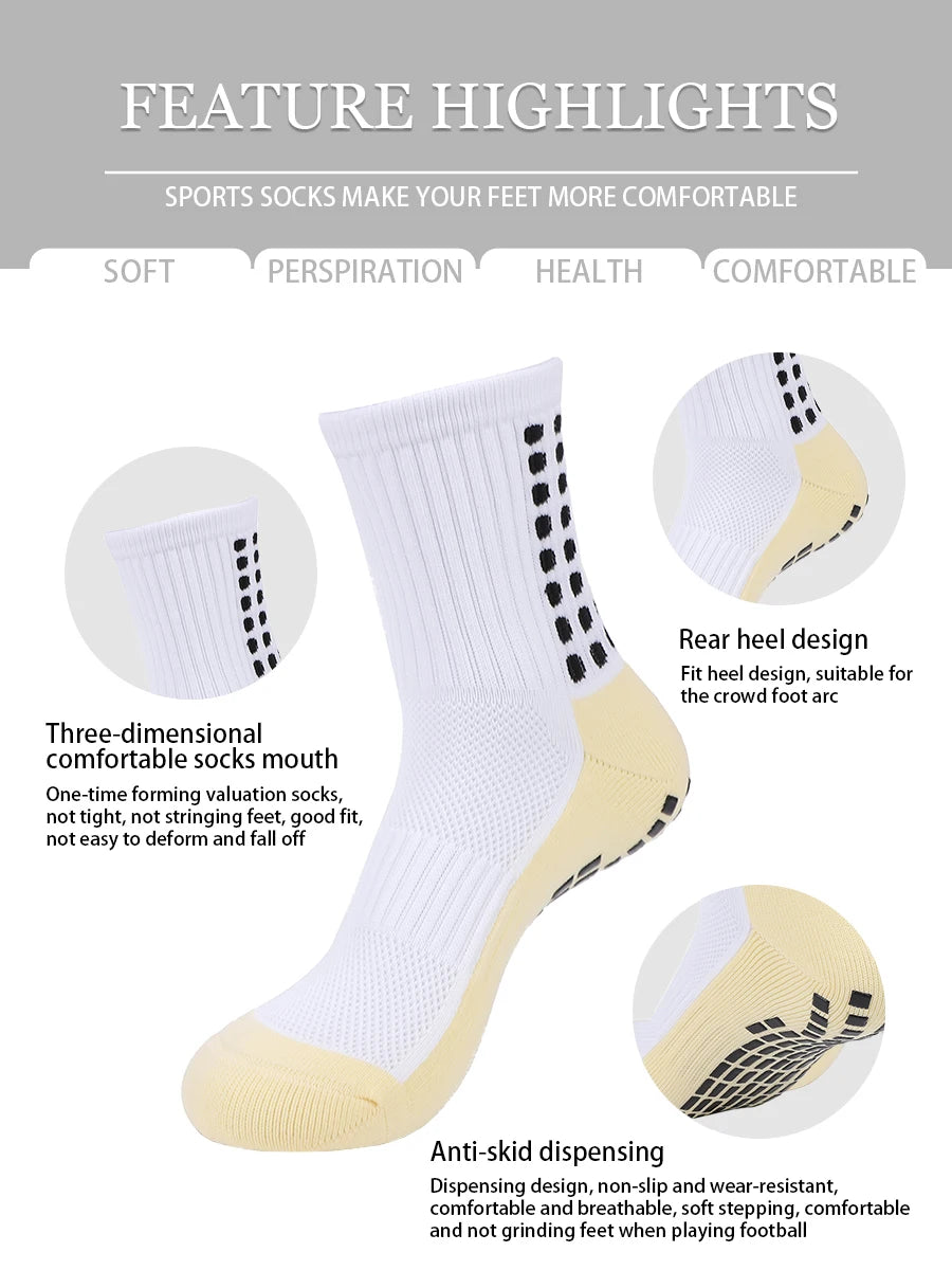 White sports socks featuring a rear heel design and anti-skid dispersing sole for comfortable football play