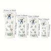 A set of five white golf club head covers for wooden clubs, showing various sizes and designs.
