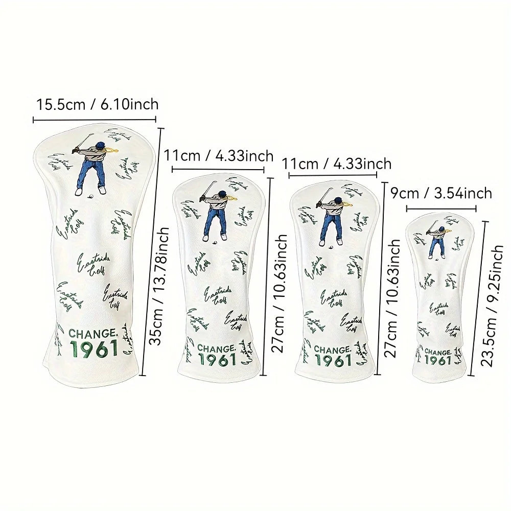 A set of five white golf club head covers for wooden clubs, showing various sizes and designs.
