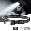 An intelligent LED headlamp is shown illuminating a person's face and hand in a dark environment.