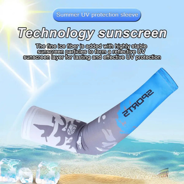 A rolled-up blue UV protection sleeve is shown against a bright sky and ocean background.