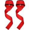 Pair of red adjustable weightlifting wrist straps shown in a coiled form.