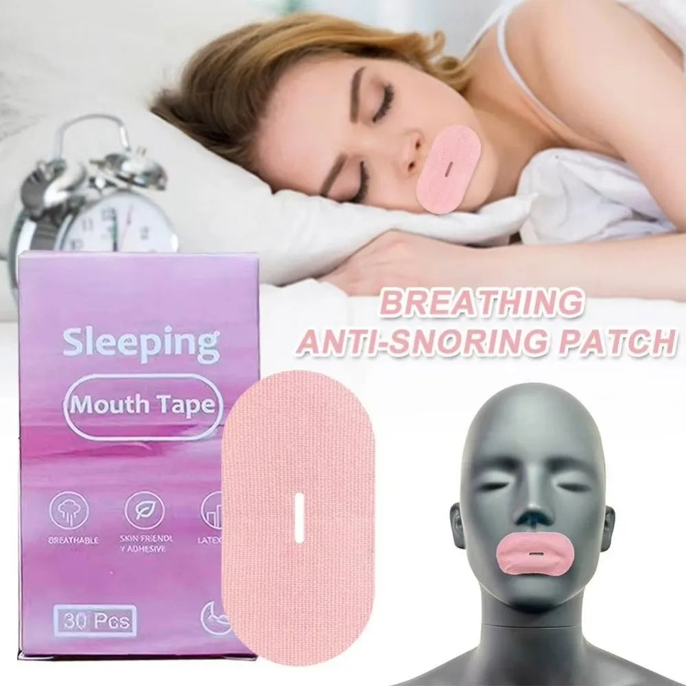Pinkes Atem-Stopp-Mundband zur Schlafhilfe, gezeigt auf einem Modell und verpackt.
