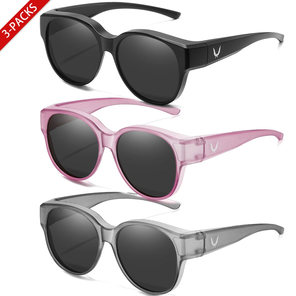 Three pairs of round UV400 sunglasses for men and women shown in black, pink, and gray.