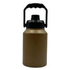 A brown insulated stainless steel thermos flask with a black handle and cap.