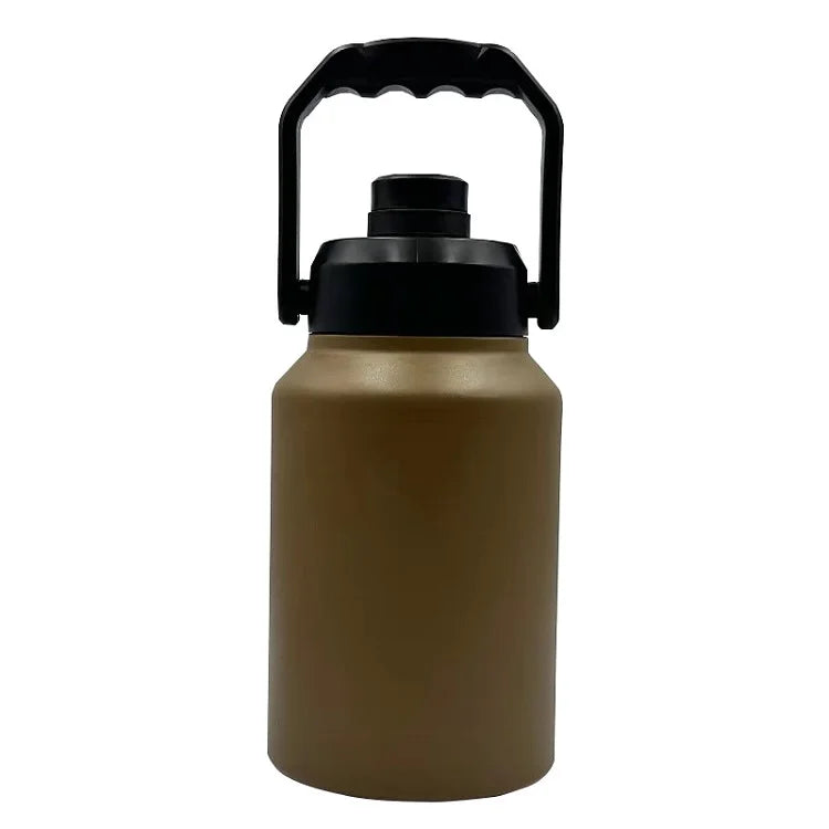 A brown insulated stainless steel thermos flask with a black handle and cap.