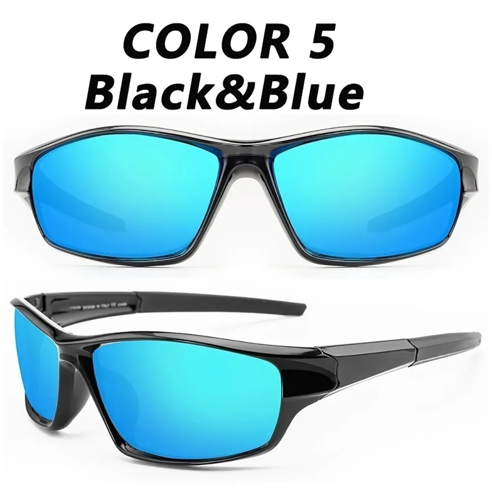 Une paire de lunettes de soleil polarisées noires et bleues montrées en deux vues.