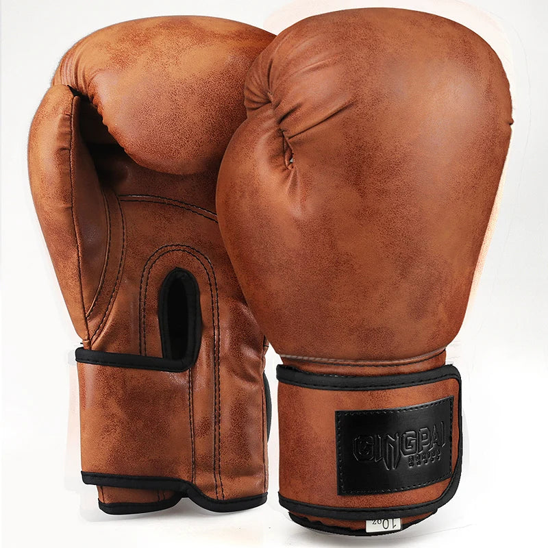 A pair of brown PU leather boxing gloves shown from the side.