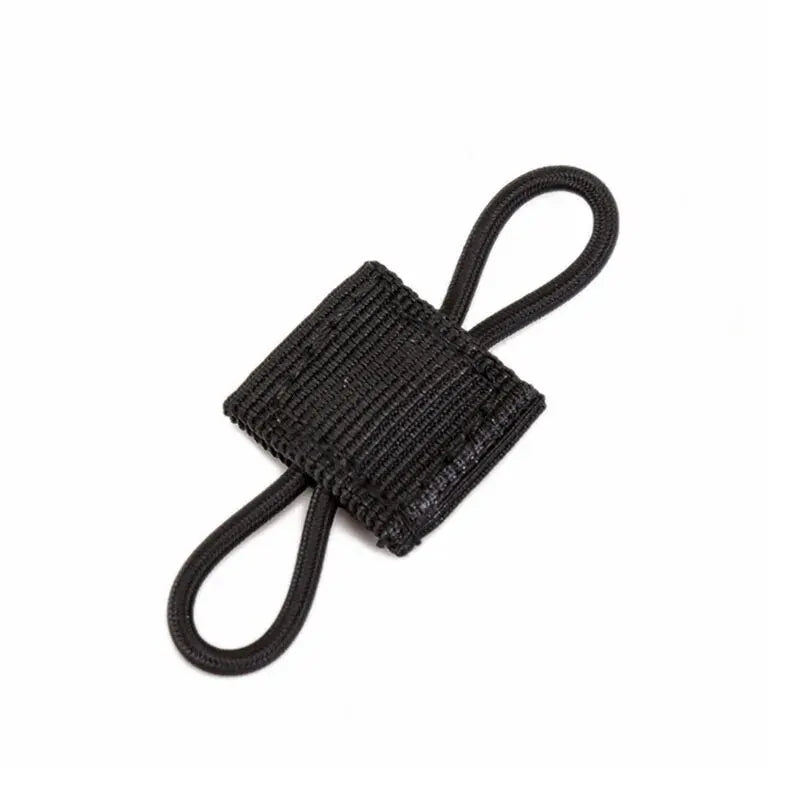 Black tactical antenna binding buckles, a multi-pack of adjustable straps.