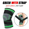 Green with strap sports knee pad shown on a foot and an inset demonstrating the strap application.