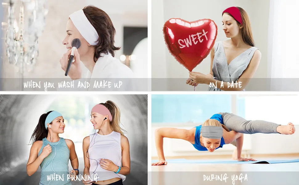 Collage de femmes utilisant des bandeaux élastiques pour les cheveux et le maquillage, en course et lors du yoga.