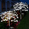 Decoración de camino de jardín con luces de hadas blancas en forma de árboles florecidos y fuegos artificiales.