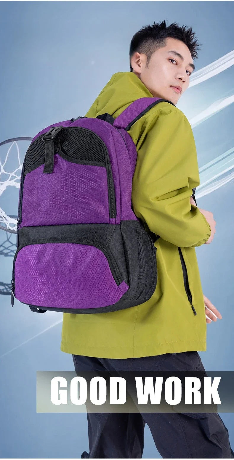 A young man wearing a lime green jacket and black pants carrying a purple multi-sport fitness backpack.