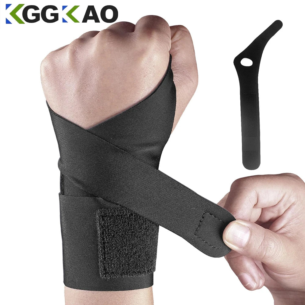Black comfort wrist support compression strap worn on a hand and wrist.