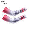 A pair of Rose Red sports arm sleeves with a silver and red design.