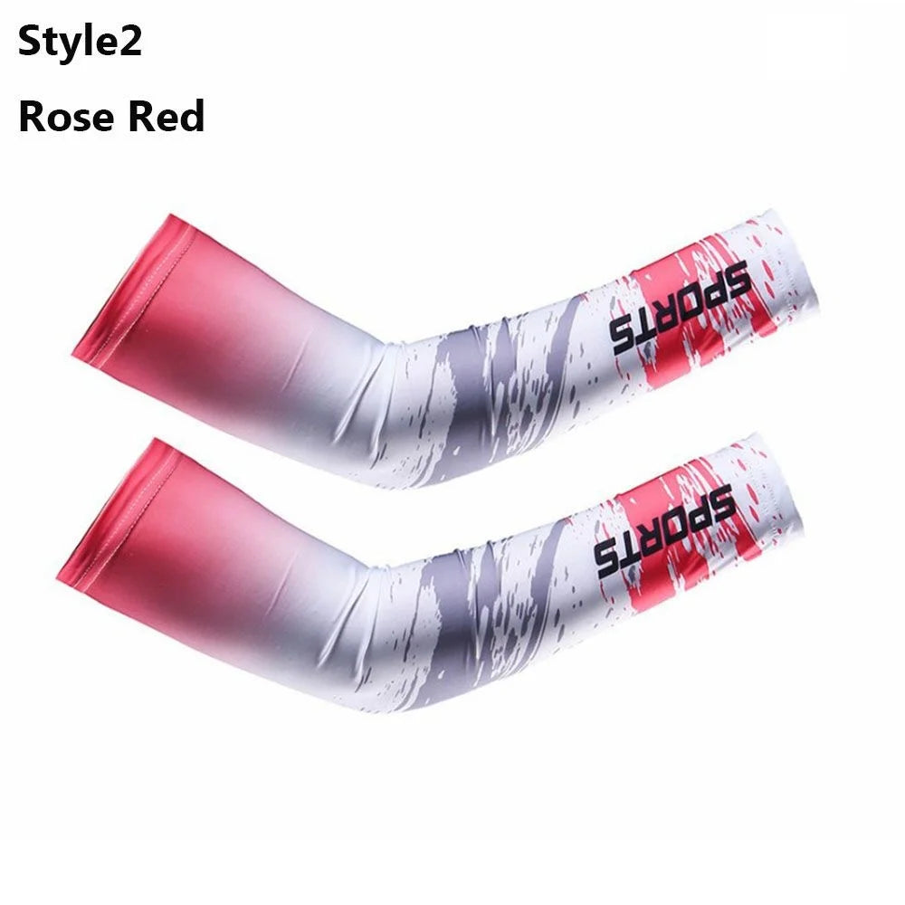 A pair of Rose Red sports arm sleeves with a silver and red design.