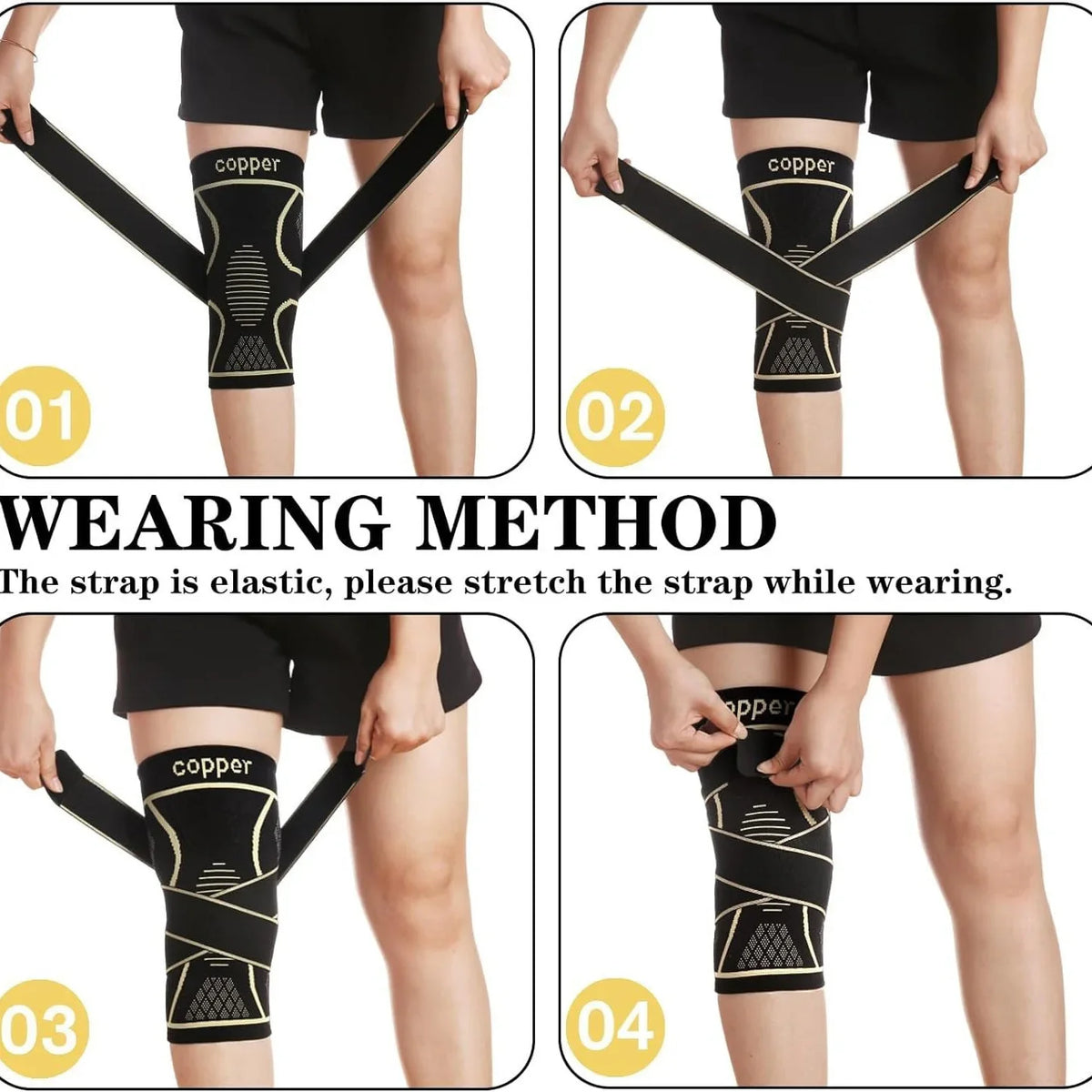 Demonstration of the wearing method for copper knee braces, showing how to stretch the elastic strap.