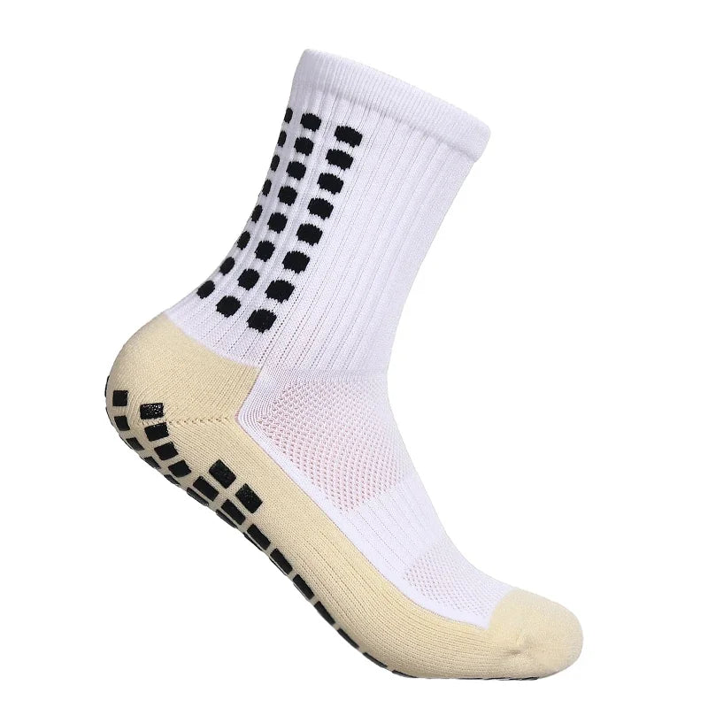 Calcetines deportivos blancos y beige antideslizantes de fútbol con diseño perforado