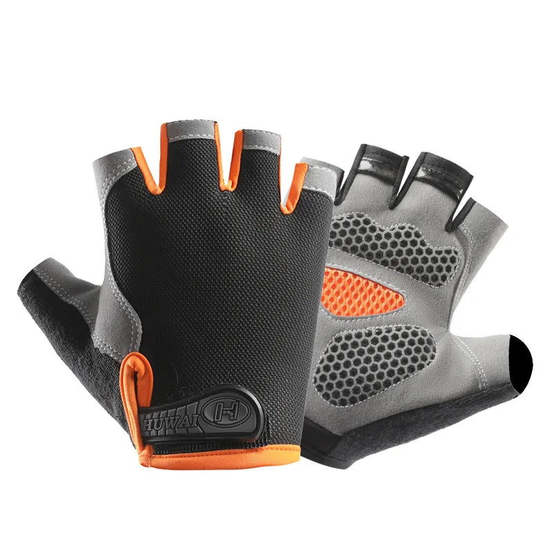 A pair of black fingerless gloves with orange accents, designed for sports and outdoor activities.
