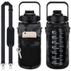Black camouflage water bottle sleeve with a built-in phone holder and carrying loop.
