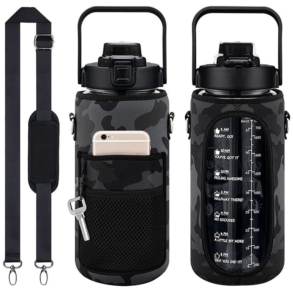 Black camouflage water bottle sleeve with a built-in phone holder and carrying loop.