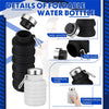 Details of a foldable water bottle showing various parts and usage examples in black and white.