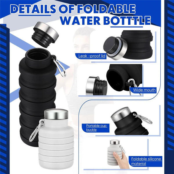 Details of a foldable water bottle showing various parts and usage examples in black and white.