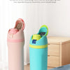 A pink and blue insulated stainless steel water bottle with a dual drinking spout sitting on a white surface.