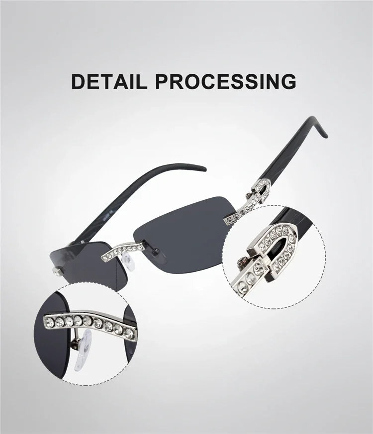 Procesamiento de gafas de sol sin montura negras con detalles de strass.