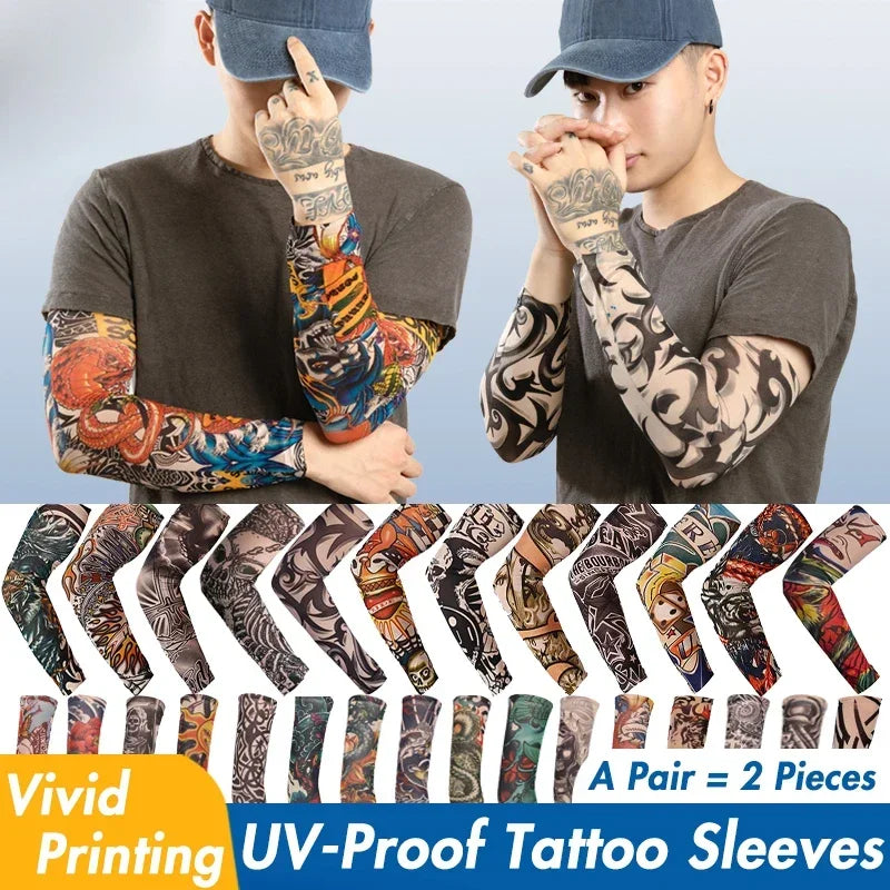 A pair of UV-proof tattoo sleeves featuring vivid printing on a person's arm.