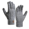 Gray knitted touchscreen fleece winter gloves for men shown from the palm side