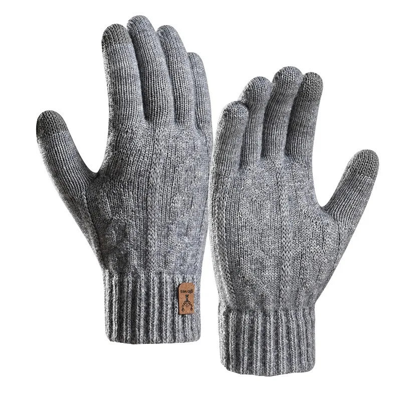 Gray knitted touchscreen fleece winter gloves for men shown from the palm side