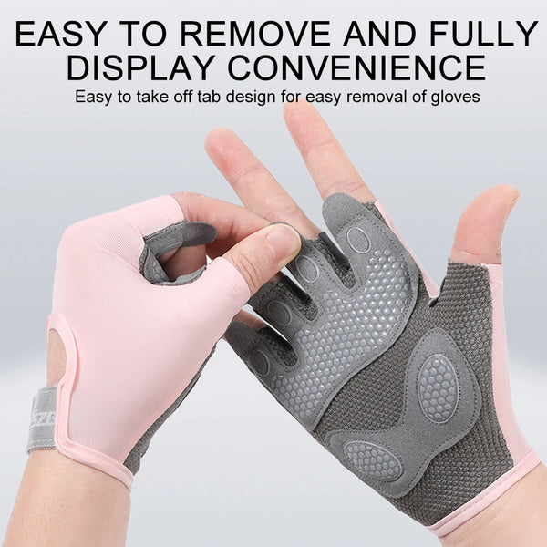 Pink cycling gloves being removed from a hand, demonstrating easy removal and display convenience.