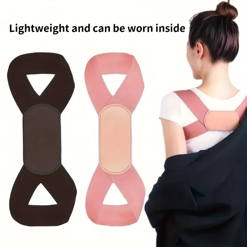 A woman is shown wearing a pink adjustable posture corrector belt for back and shoulder support.