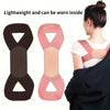A woman is shown wearing a pink adjustable posture corrector belt for back and shoulder support.