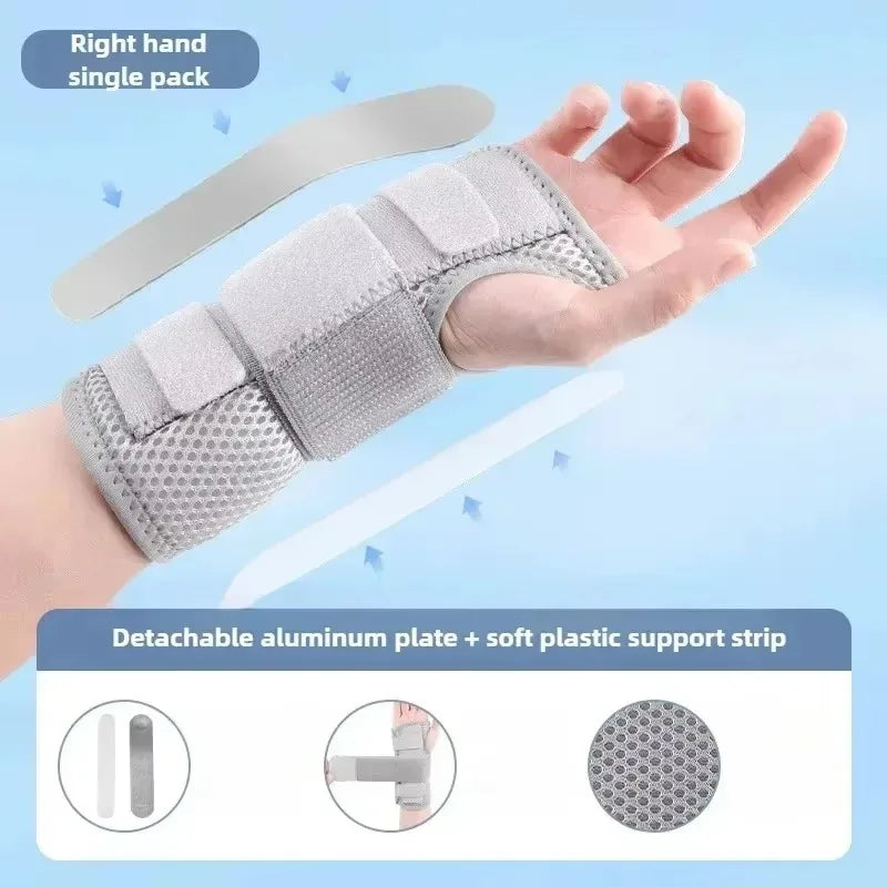 A hand wearing a gray wrist brace with a detachable aluminum plate and soft plastic support strip for carpal tunnel relief.