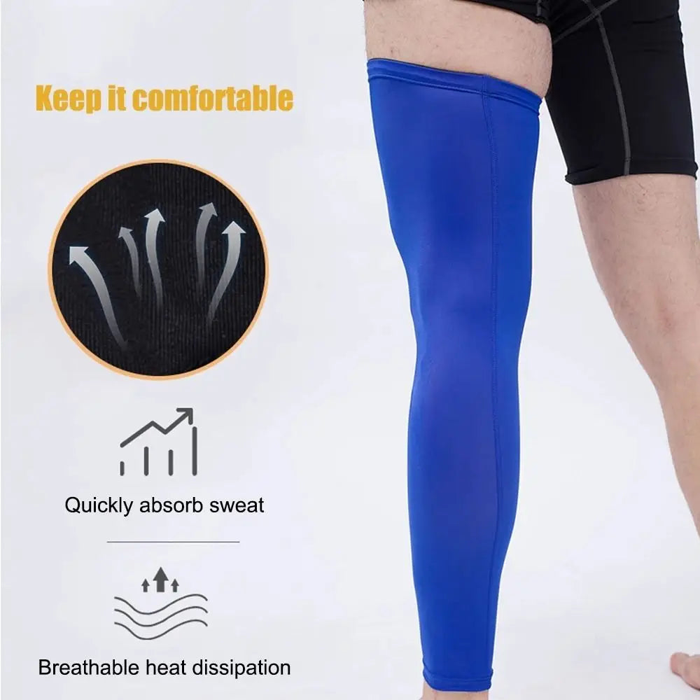 Blue knee calf compression sleeve shown on a leg, highlighting features like sweat absorption and heat dissipation.