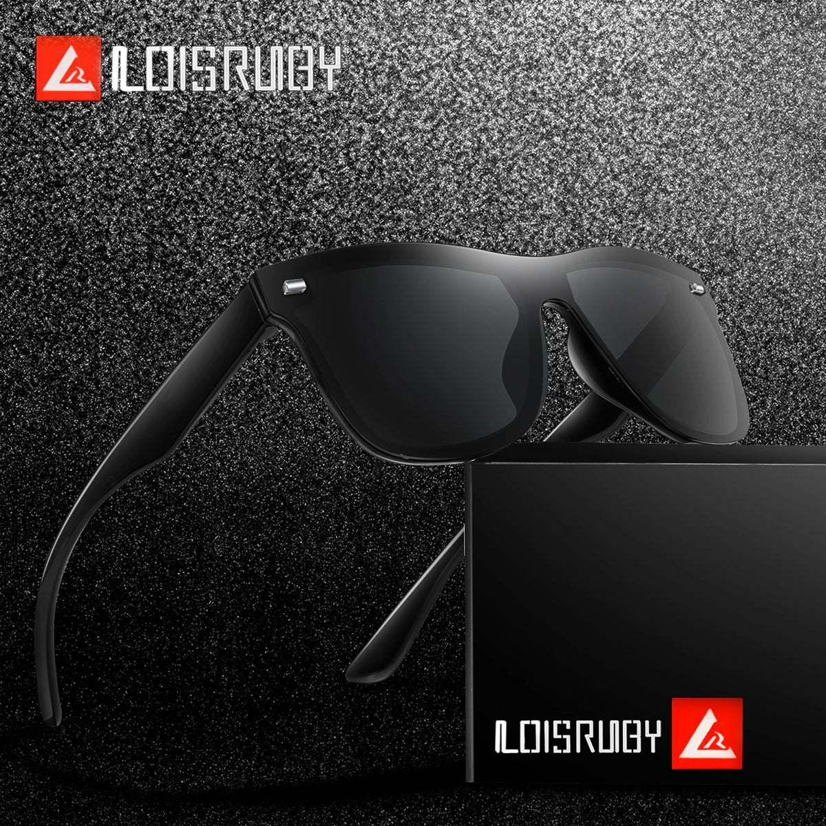 A pair of black frameless sports sunglasses resting on a dark, textured surface.