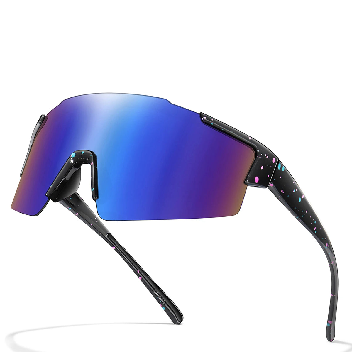 A pair of purple-tinted cycling sunglasses with black frames and speckled lenses.