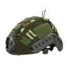 A tactical helmet cover featuring a camouflage pattern on a green fabric.