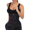 A woman wearing a black body shaper waist trainer fitness belt.