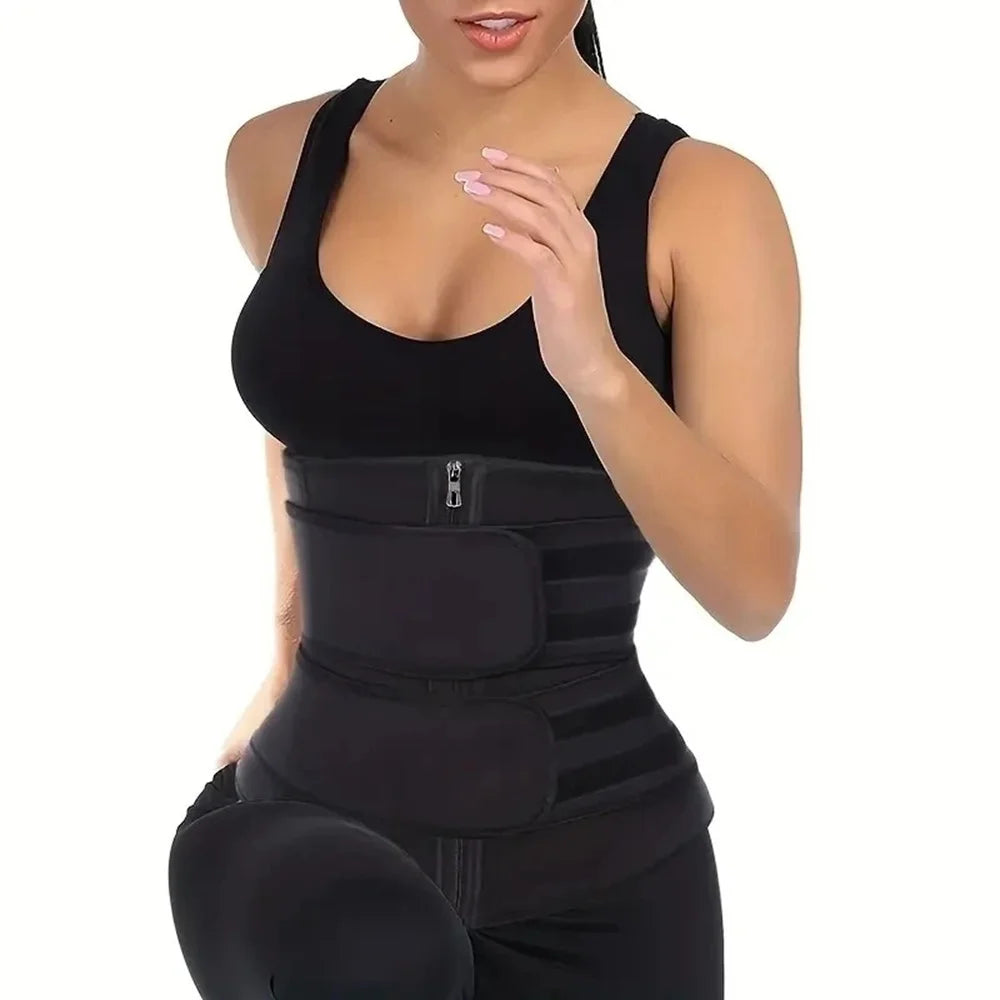 A woman wearing a black body shaper waist trainer fitness belt.