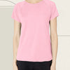 A woman wearing a pink women's quick dry moisture-wicking gym t-shirt and black pants.