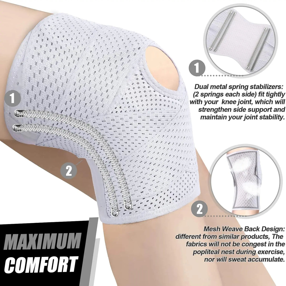 Gray mesh knee brace with dual metal spring stabilizers shown on a leg.