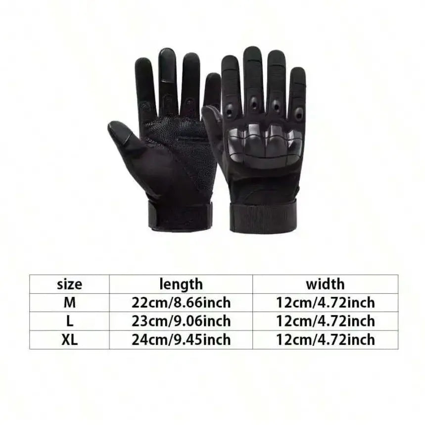 A set of black breathable motorbike riding gloves in sizes M, L, and XL displayed against a white background.