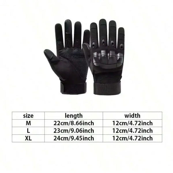 A set of black breathable motorbike riding gloves in sizes M, L, and XL displayed against a white background.